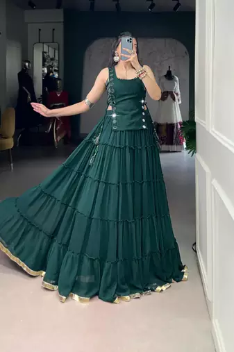 dark green rayon plain traditional lehenga choli with free size upto 42