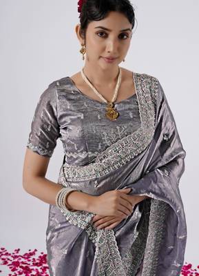 Pure grey designer border satin saree with unstitched blouse 3