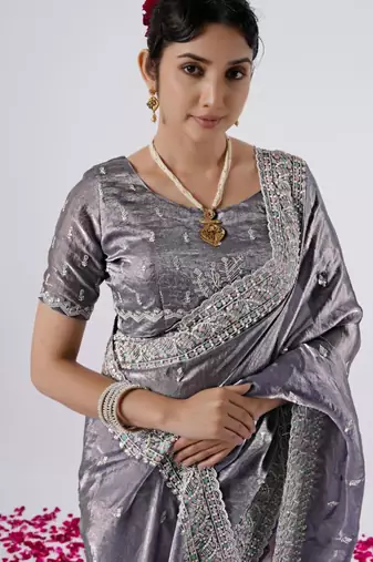 Pure grey designer border satin saree with unstitched blouse