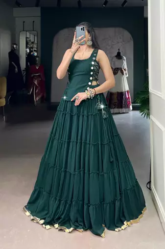 dark green rayon plain traditional lehenga choli with free size upto 42