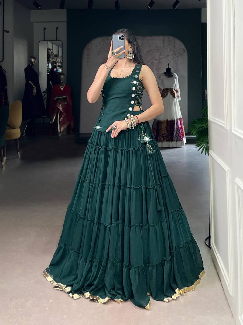 dark green rayon plain traditional lehenga choli with free size upto 42