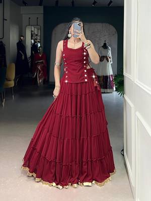 maroon rayon plain traditional lehenga choli with free size upto 42 1