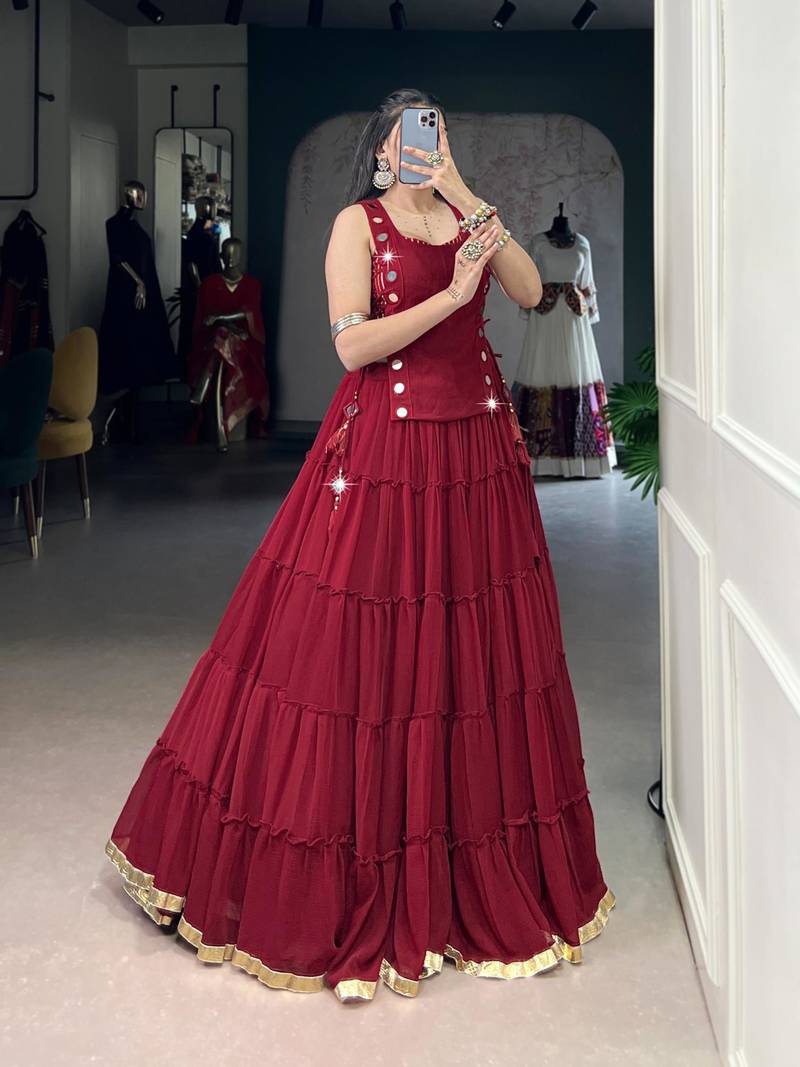 maroon rayon plain traditional lehenga choli with free size upto 42