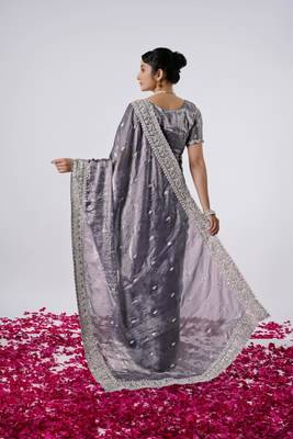 Pure grey designer border satin saree with unstitched blouse 4