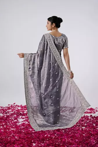 Pure grey designer border satin saree with unstitched blouse