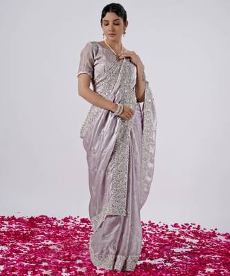 Light weight lavendar designer border satin saree with unstitched blouse 1