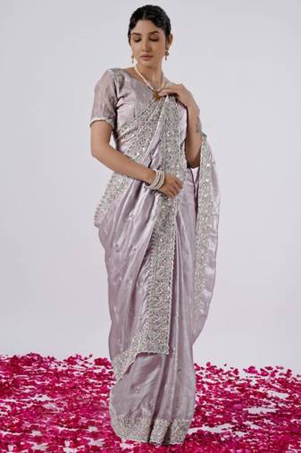 Light weight lavendar designer border satin saree with unstitched blouse