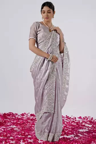 Light weight lavendar designer border satin saree with unstitched blouse