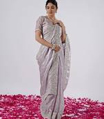 Light weight lavendar designer border satin saree with unstitched blouse
