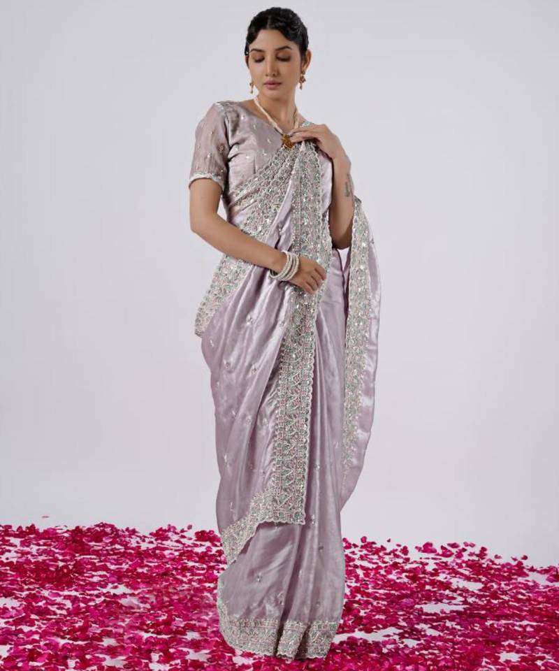 Light weight lavendar designer border satin saree with unstitched blouse