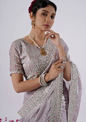 Light weight lavendar designer border satin saree with unstitched blouse 2