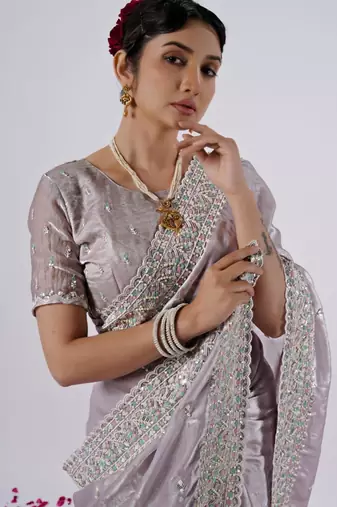 Light weight lavendar designer border satin saree with unstitched blouse
