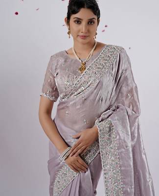 Light weight lavendar designer border satin saree with unstitched blouse 3