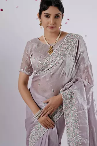 Light weight lavendar designer border satin saree with unstitched blouse