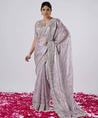 Light weight lavendar designer border satin saree with unstitched blouse 4