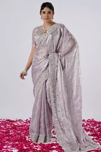 Light weight lavendar designer border satin saree with unstitched blouse