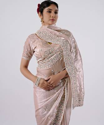 Fashionable peach designer border satin saree with unstitched blouse 2