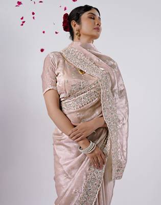 Fashionable peach designer border satin saree with unstitched blouse 3