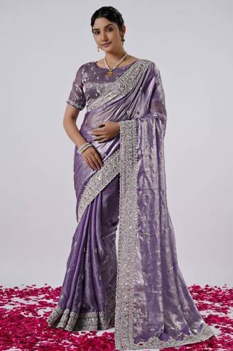 soft silk blend purple designer border satin saree with unstitched blouse 