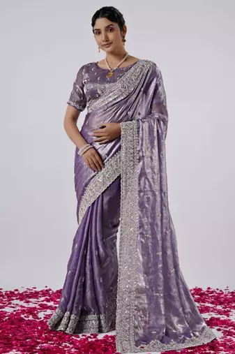 soft silk blend purple designer border satin saree with unstitched blouse 