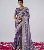 soft silk blend purple designer border satin saree with unstitched blouse 