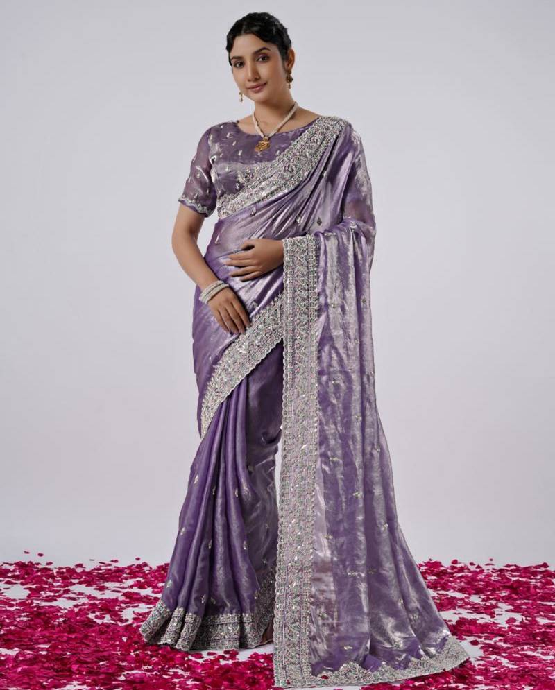 soft silk blend purple designer border satin saree with unstitched blouse 