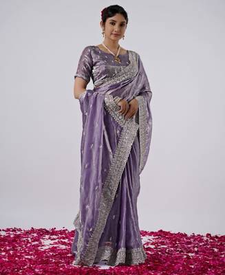 soft silk blend purple designer border satin saree with unstitched blouse  2