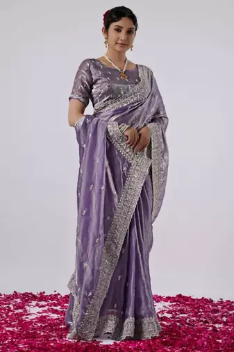 soft silk blend purple designer border satin saree with unstitched blouse 