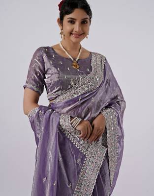 soft silk blend purple designer border satin saree with unstitched blouse  3