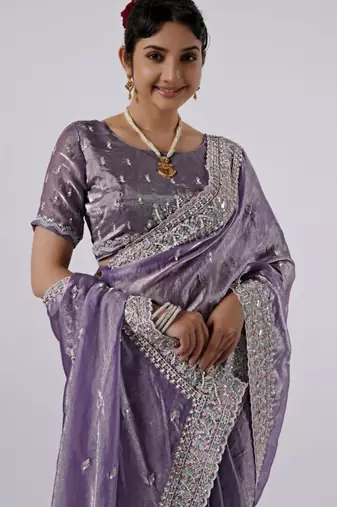 soft silk blend purple designer border satin saree with unstitched blouse 