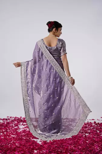 soft silk blend purple designer border satin saree with unstitched blouse 