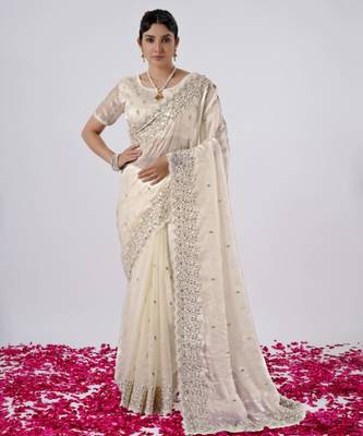 Elegance cream hevay sequin and stone border satin saree with unstitched blouse 1