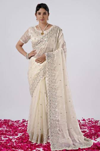 Elegance cream hevay sequin and stone border satin saree with unstitched blouse