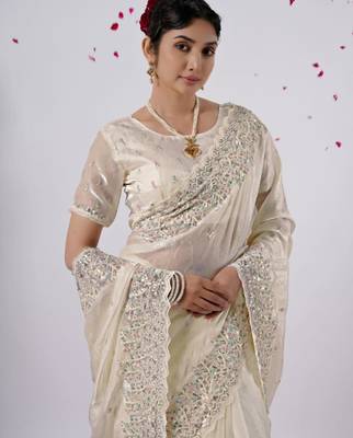 Elegance cream hevay sequin and stone border satin saree with unstitched blouse 4