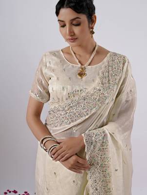 Elegance cream hevay sequin and stone border satin saree with unstitched blouse 5