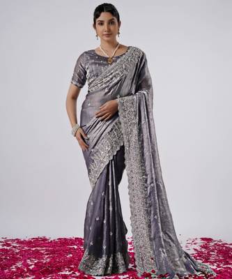 New collection grey hevay sequin and stone border satin saree with unstitched blouse 1