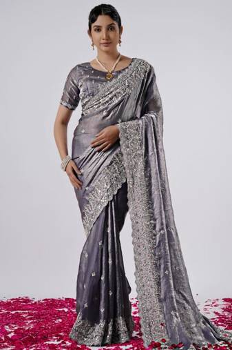 New collection grey hevay sequin and stone border satin saree with unstitched blouse