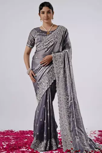 New collection grey hevay sequin and stone border satin saree with unstitched blouse