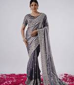 New collection grey hevay sequin and stone border satin saree with unstitched blouse