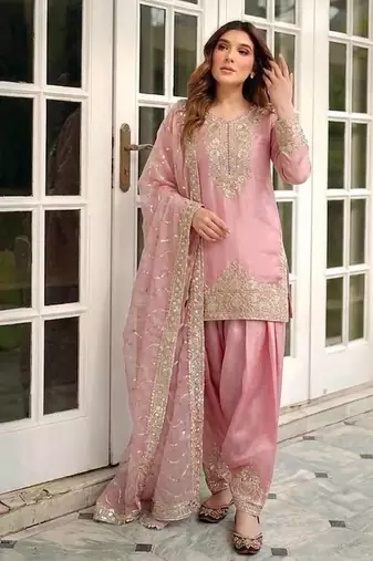 Light Pink Color Embroidery Sequence Work Silk Blend Salwar Suit