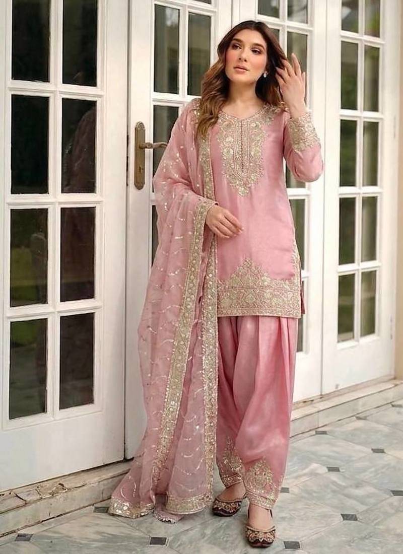 Light Pink Color Embroidery Sequence Work Silk Blend Salwar Suit