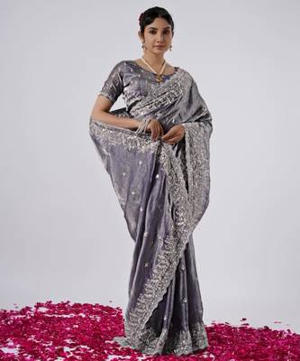 New collection grey hevay sequin and stone border satin saree with unstitched blouse 2