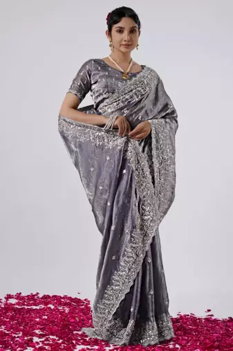 New collection grey hevay sequin and stone border satin saree with unstitched blouse