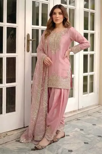 Light Pink Color Embroidery Sequence Work Silk Blend Salwar Suit