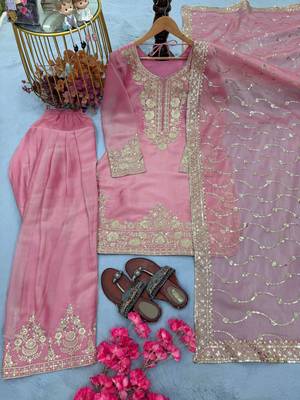Light Pink Color Embroidery Sequence Work Silk Blend Salwar Suit 3