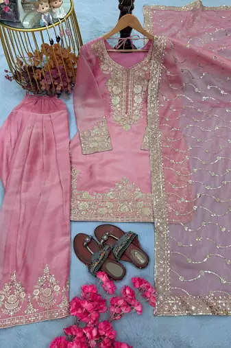 Light Pink Color Embroidery Sequence Work Silk Blend Salwar Suit