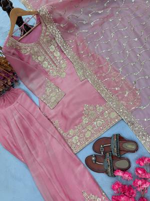 Light Pink Color Embroidery Sequence Work Silk Blend Salwar Suit 4