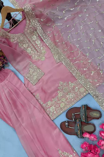 Light Pink Color Embroidery Sequence Work Silk Blend Salwar Suit