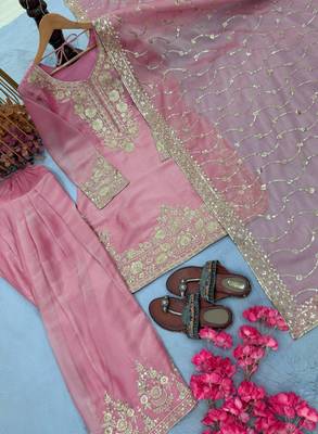 Light Pink Color Embroidery Sequence Work Silk Blend Salwar Suit 5