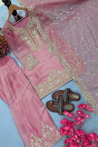 Light Pink Color Embroidery Sequence Work Silk Blend Salwar Suit